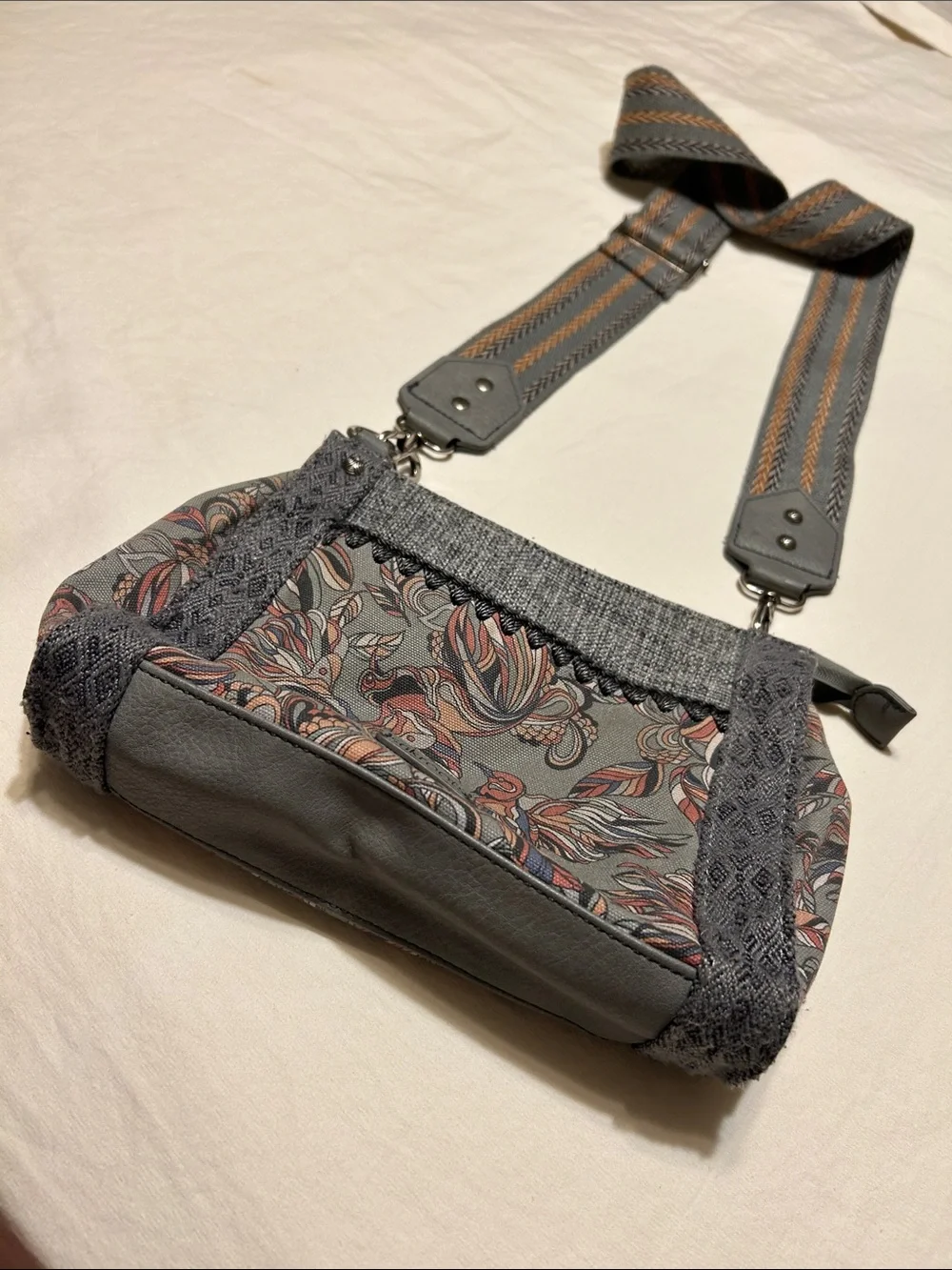 Sakroots Gray Floral Crossbody with Pink and Orange Accents
